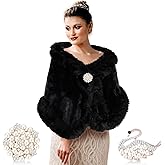 Jadive Faux Fur Shawl Wraps for Women with 2 Rhinestone Brooches Wedding Bridal Faux Fur Cape Stoles Coat Jacket