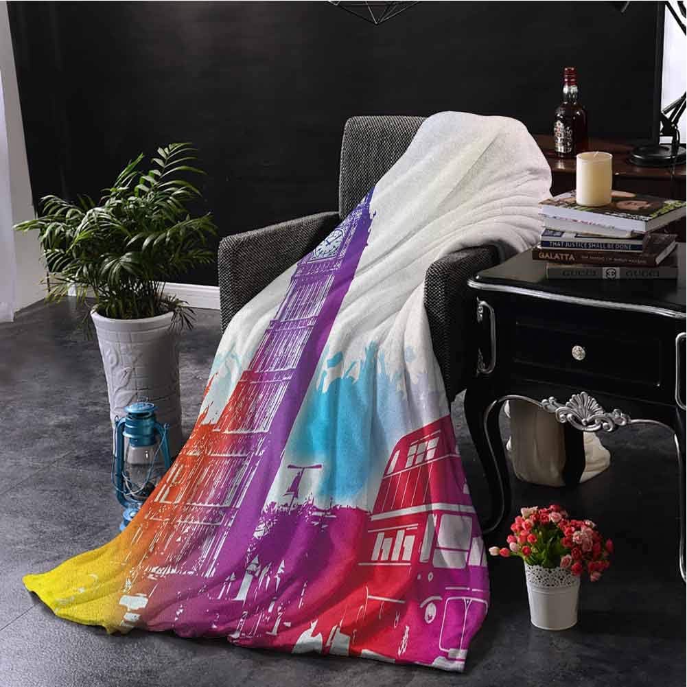 Grey Blanket London Historical Big Ben and Bus Great Bell Clock Tower UK Europe Street Landmark Purple Red Yellow Bed Sleeping Travel Pets Reading W50 xL60