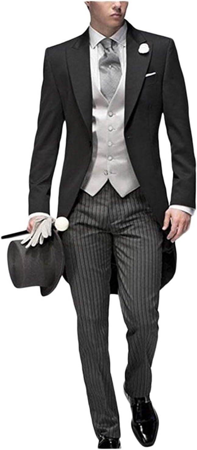 JYDress Mens Tail Tuxedo 3 Pieces Tailcoat Suit Gray Groom Tuxedos Wedding Suit