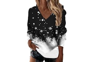 JOVATI Christmas Sparkly Snowflake Print Tops,Women V Neck Long Sleeve Tshirts Casual Plus Size New Year Party Sweatshirt