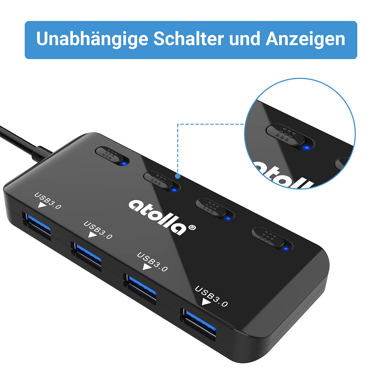 atolla USB Hub mit 4 USB 3.0 Ports, 60cm Kabel, Ultra dünn USB Verteiler mit einzelnen Power Schalter und LEDs für PC, Mac Pro/Mini, iMac, MacBook Air, Surface Pro, Flash Drives, Mobile HDD 4