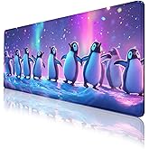 Funny Penguins Mouse Pad, Iceberg Cute Animals Party Aurora Extended Mousepad Waterproof Stitched Edges Rubber Base Non-Slip Deskpad Computer Keyboard Mat 31.5 x 11.8 inch