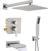 Shower System with Tub Spout, All Metal Bathtub Shower Faucet Set with High Pressure 10 Inch Rain Shower Head and Handheld Shower Head Set, Brushed Nickel (Valve Include)