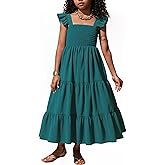 RETSUGO Girls Dresses Summer Flutter Sleeve Swing Casual Solid Color Tiered Smocked Dress 6-14 Years Old