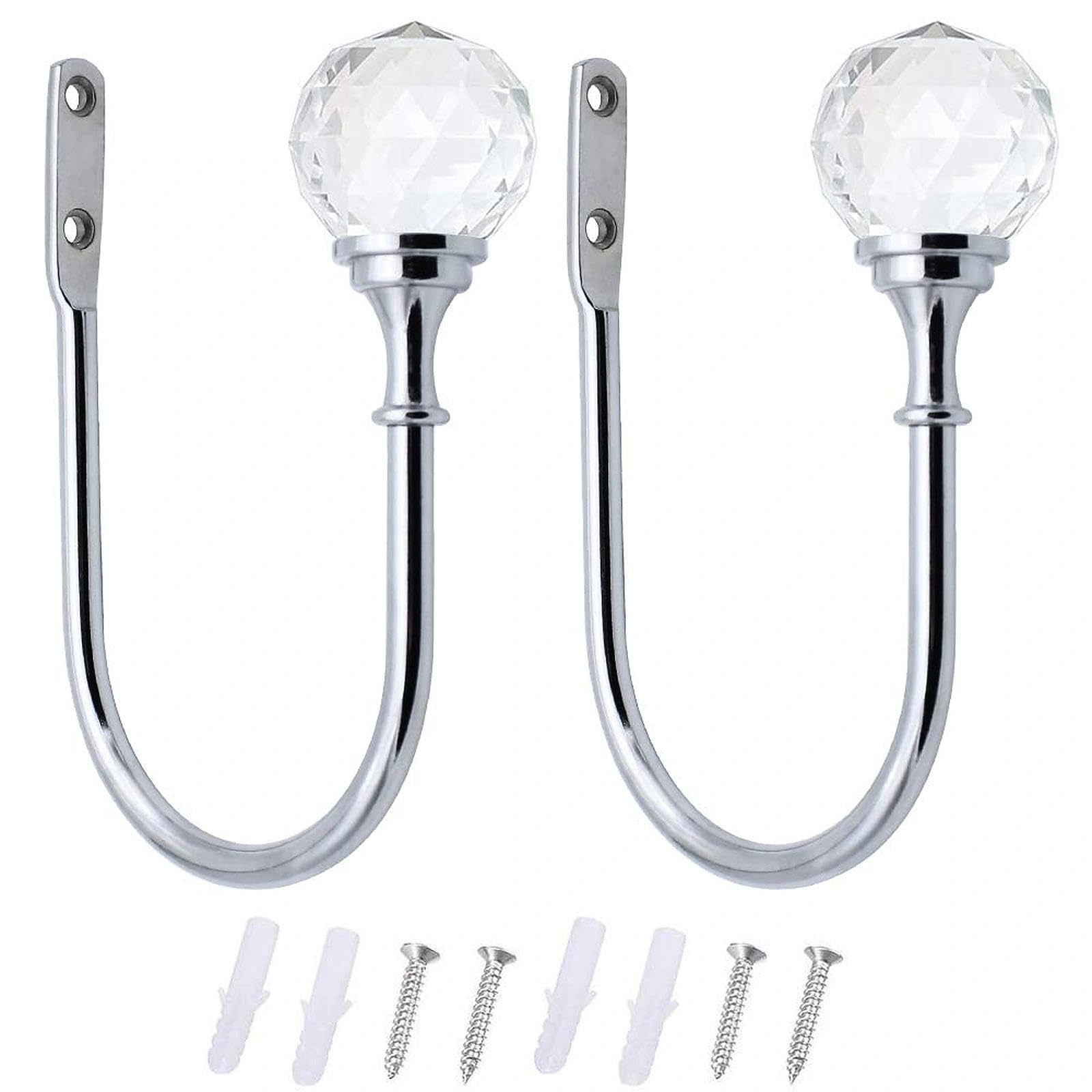 BlueXP 2 Pack Metal Curtain Holdback Hook Crystal Ball U-Form Wall Mounted Curtain Tie Back Hook Decorative Curtain Drapery Holdback Arms Hook for Window Shower Curtain Drapery Voile Towel Coat Sliver
