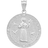 925 Sterling Silver Saint Francis Of Assisi CZ Round Medal Charm Pendant (Small)
