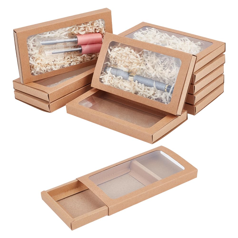 BENECREAT 12Pcs Rectangle Kraft Paper Boxes, Brown Bakery Favor Boxes 16x8.6x1.5cm Gift Boxes with Clear PVC Windows for Bakery, Wedding, and Party Favors Packaging
