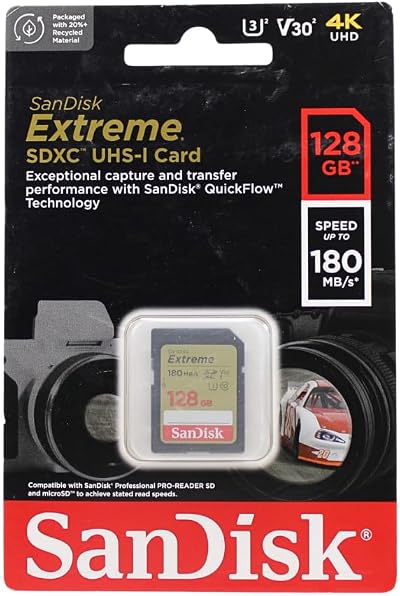 SanDisk 128GB Extreme SDXC Card UHS-I U3 V30 180MB/s RescuePro Deluxe