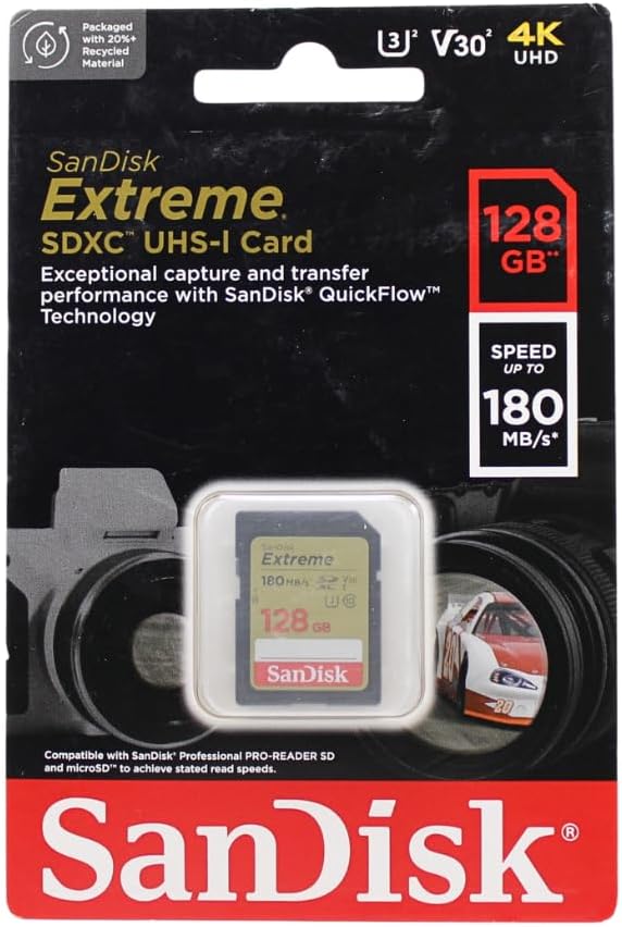 SanDisk 128GB Extreme SDXC Card UHS-I U3 V30 180MB/s RescuePro Deluxe
