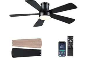 HOUNBERI Ceiling Fans with Lights,46-Modern Low Profile Ceiling Fan with Remote Control,5 Dual-Sided Blades,Reversible DC Motor,Black Small Flush Mount Ceiling Fan for Bedroom Indoor/Outdoor Use