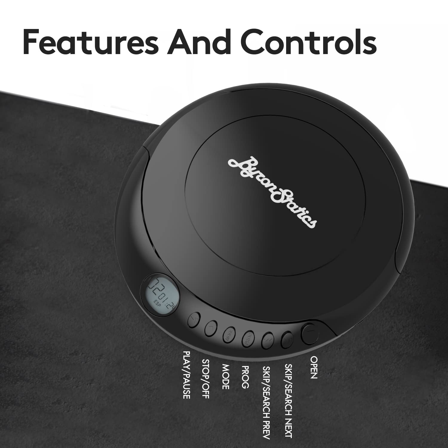ByronStatics Portable Disc CD player, Personal Walkman Music CD Players Anti-Skip Shockproof Protection, Portable and Lightweight, Headphones Jack, Powered DC or 2XAA Battery - Black