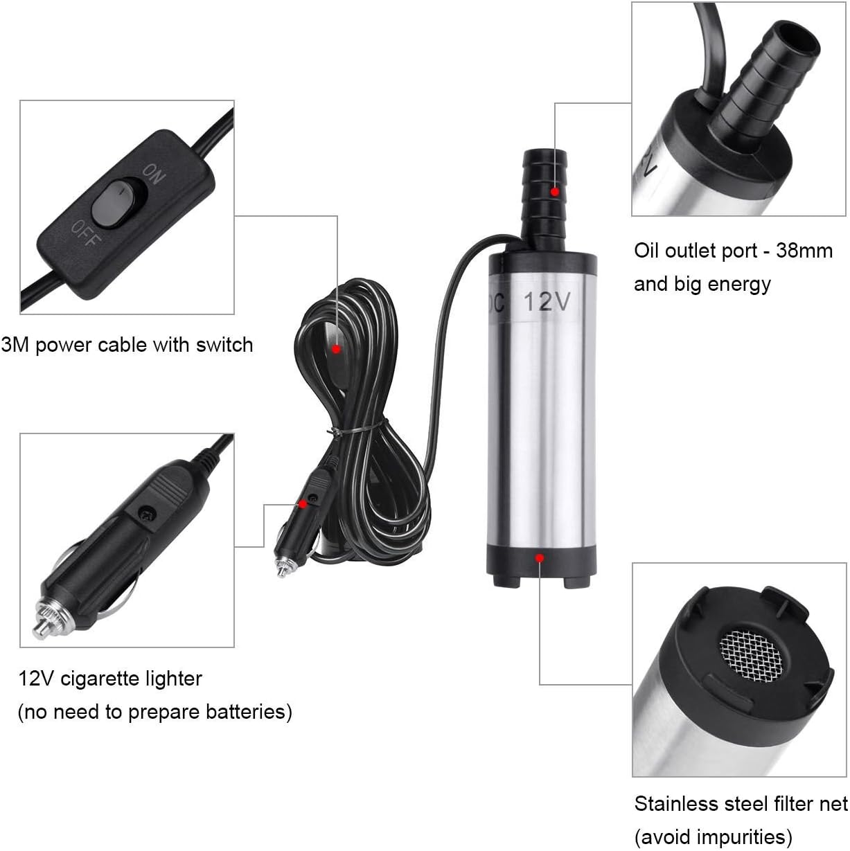 flintronic Water Pump,DC 12V 38MM Port Stainless Steel Submersible Diesel Fuel Pump (Prohibited Gasoline & Flammable Liquids) Multi-Purpose Water Oil Transfer for Diesel Vehicles or Speed Boat - Image 4