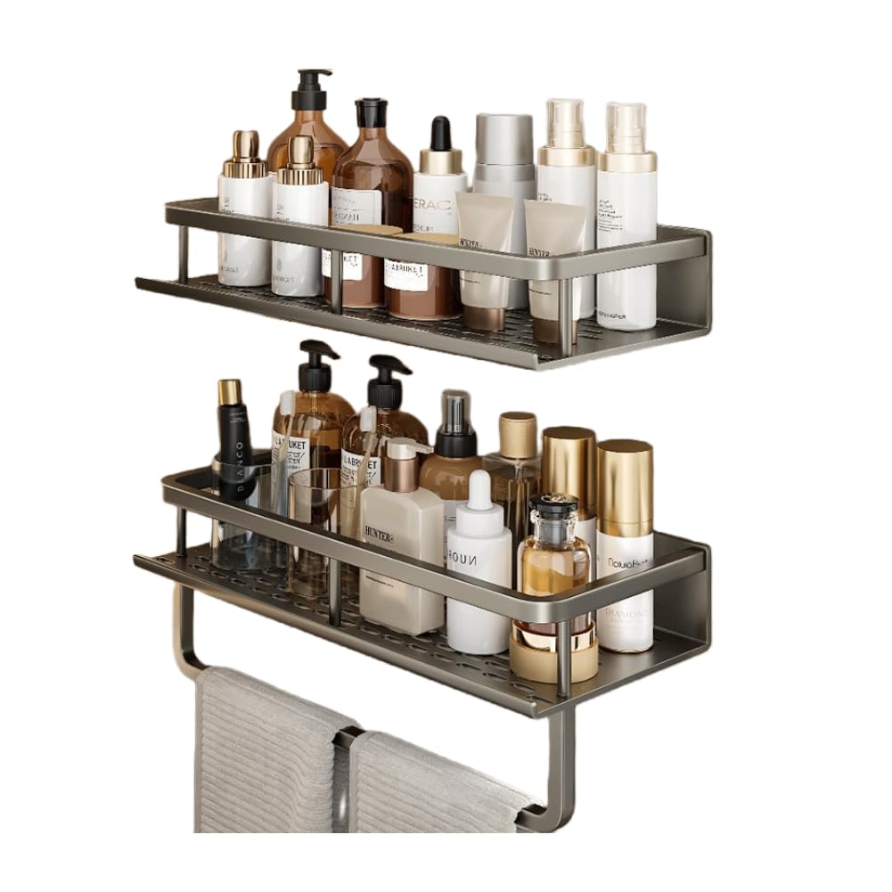 YWHWXB Stainless Steel Shower Caddy Organiser, Shower Shelf No Drilling, Wall Mounted Storage Rack for Bathroom, Bedroom, Living Room, Kitchen (Grey-2 pack with towel bar)