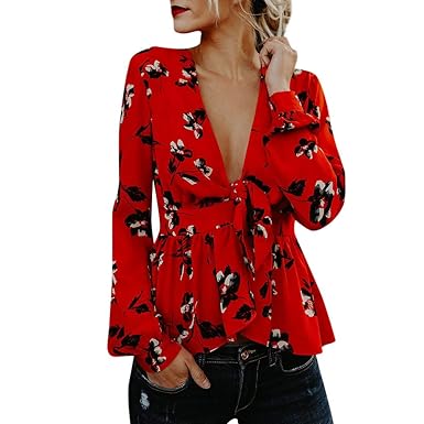 Felicove Blumen Bluse, Damen V-Ausschnitt Bluse Sexy Sommerbluse Mode Langarmbluse Asymmetrische Saumbluse Gekräuselte Top Bl