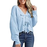 Saodimallsu Womens Bow Sweater Cropped V Neck Long Sleeve Fall Cozy Knit Loose Trendy Pullover Sweaters