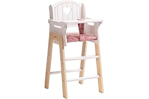 ROBUD Play High Chair, Pretend Play High Chair with Cushion, Movable Table, Wooden Baby Doll Accessories, Fits 18-20 Inch Dolls, White