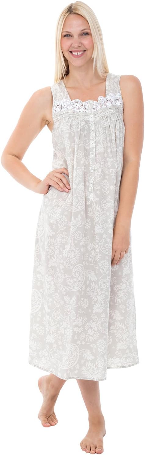 Womens 100% Cotton Lawn Nightgown, Sleeveless Sleep Dress