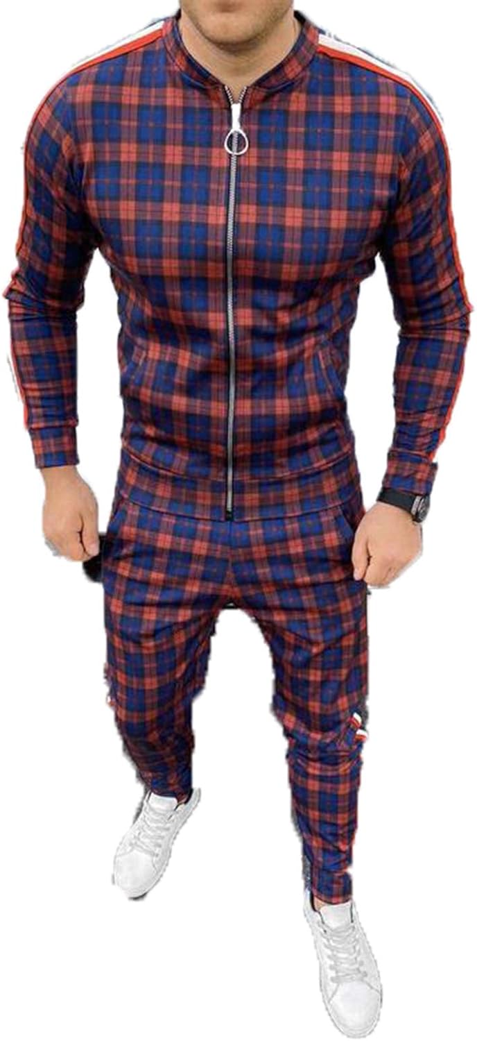 Men's Plaid Tracksuit TwoPiece Zipper Threaded Cuff Basketball