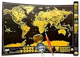 Scratch-Off World Map - Black with Golden Coating - Large 32.5 x 23.4 Inches World Interactive Travel Poster - Bright Colors Deluxe Edition - Comes with Compass & Scratching Tool by Info-Glob