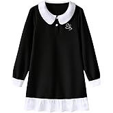 Little Bitty Girls Long Sleeve Peter Pan Collar School Dress, Classic A-Line Style,Waffle Fabri Casual Versatile 6-11 Years