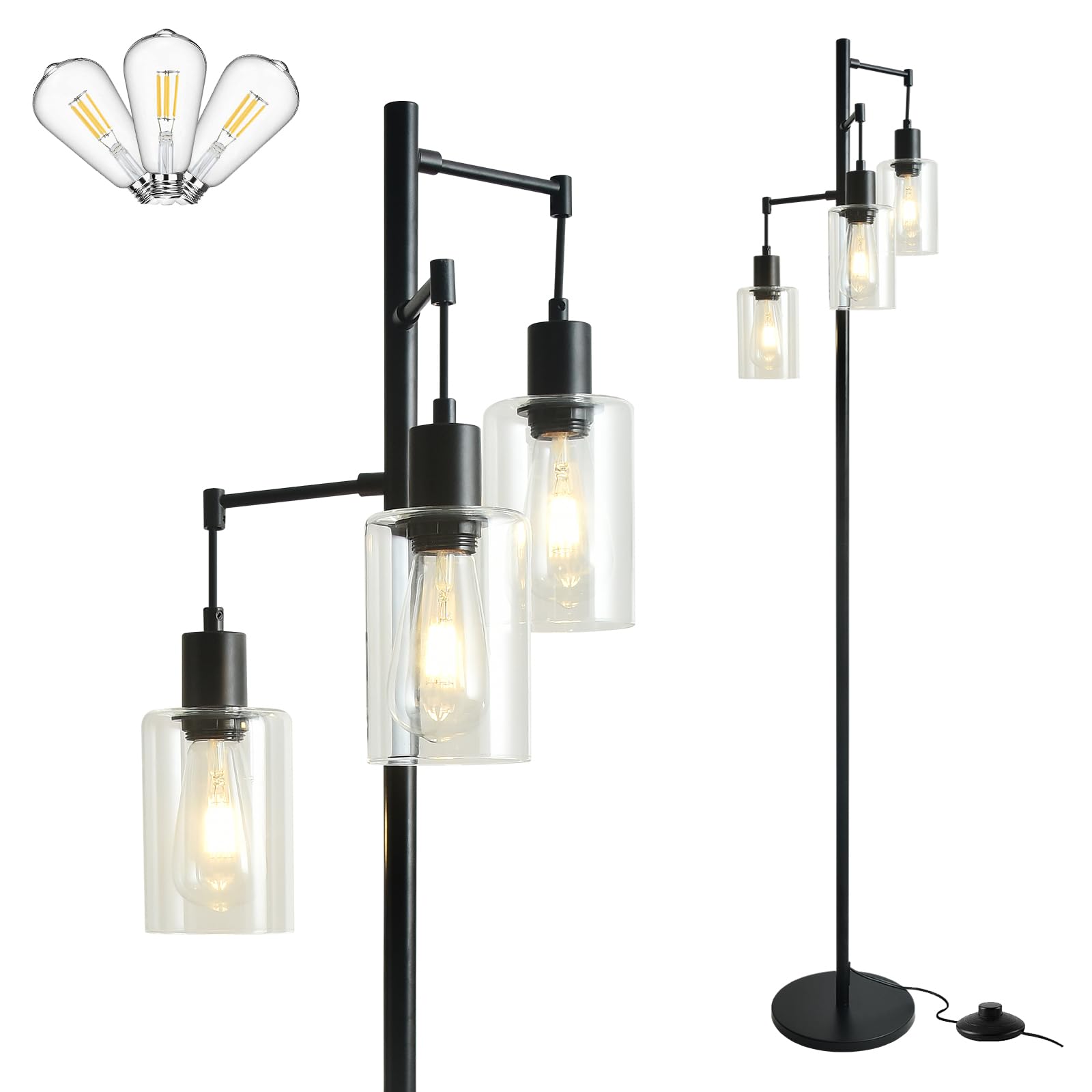 Liylan 3-Lights Floor Lamp with On/Off Foot Switch, Farmhouse Glass ...