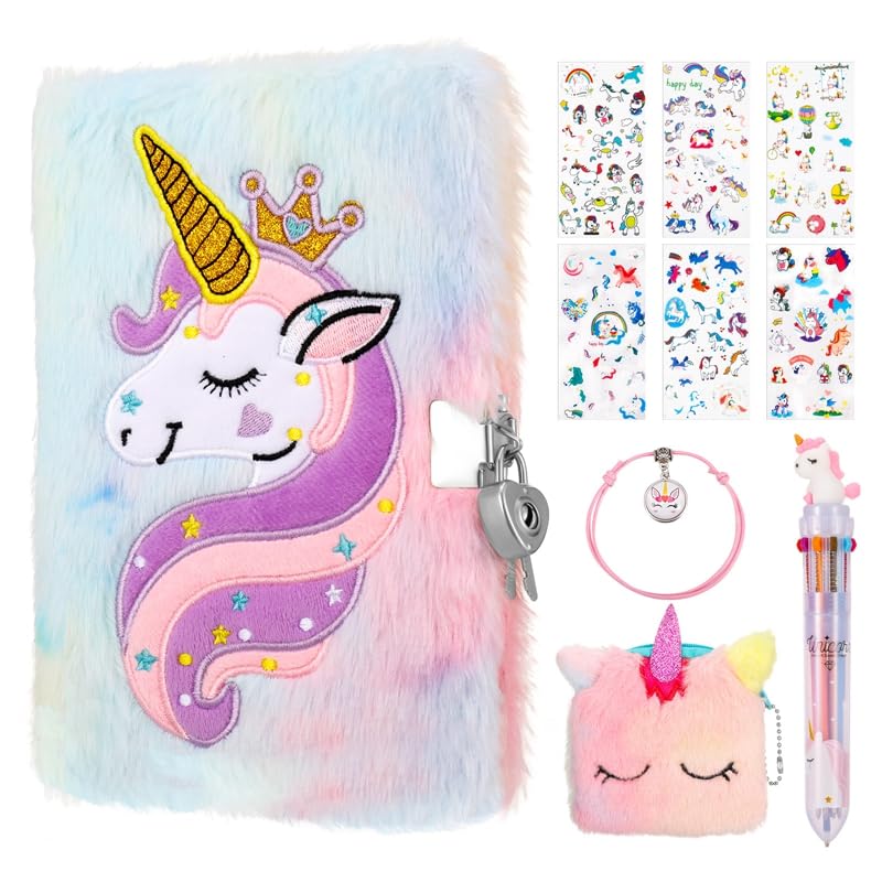 FRIUSATE Unicorn Secret Diary for Girls, Lockable Diary with Lock Plush Notebook Journal Unicorn Gifts for Girls 6-12 Year Old Birthday Presents