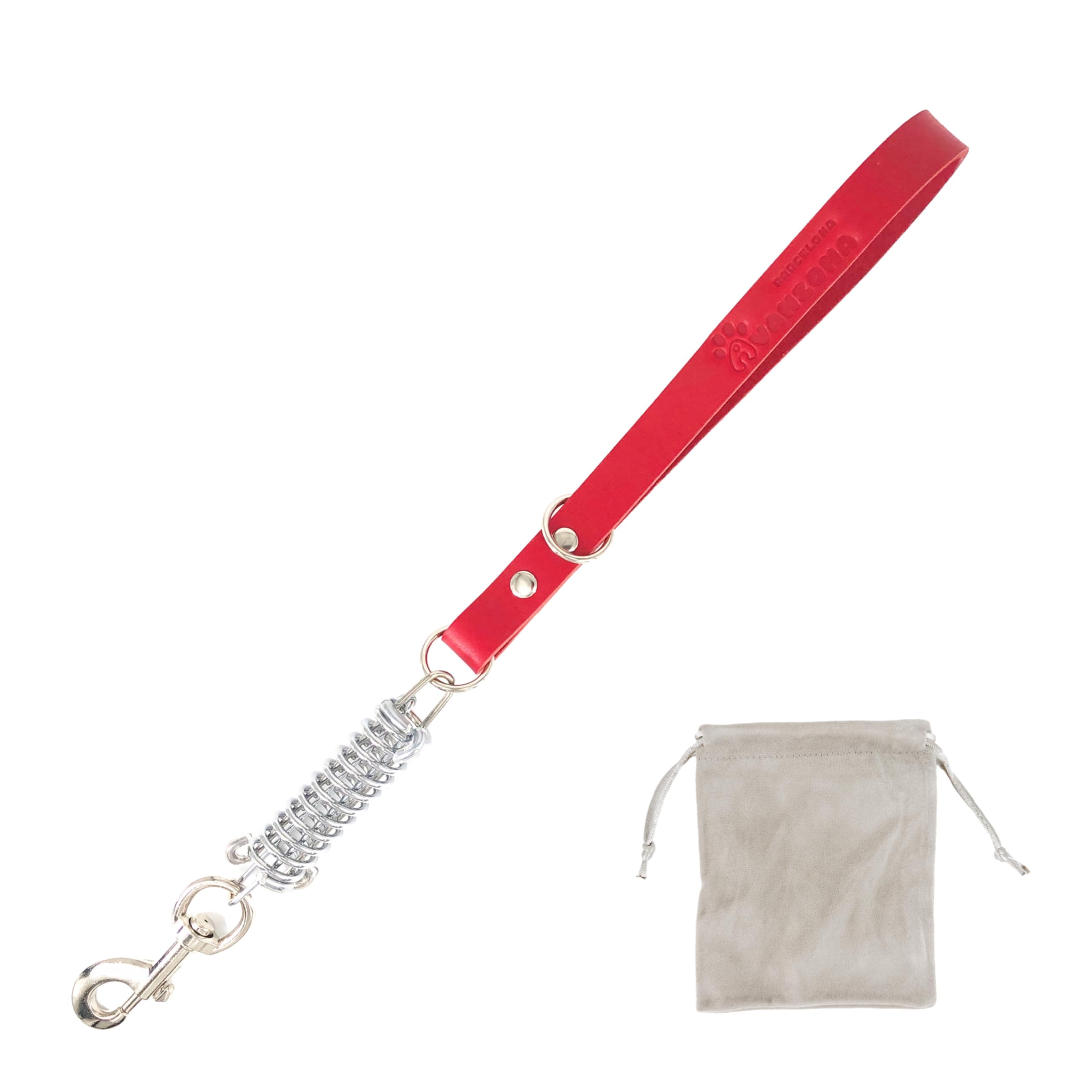 Short Leather Anti-Pull Dog Leash with Spring Shock Absorber, for Medium and Large Dogs, Spain. Red. 45CM.