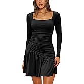 HYPERFIRE Women's Long Sleeve Square Neck Dress Ruched Waist Ruffle Dresses Party Clubwear