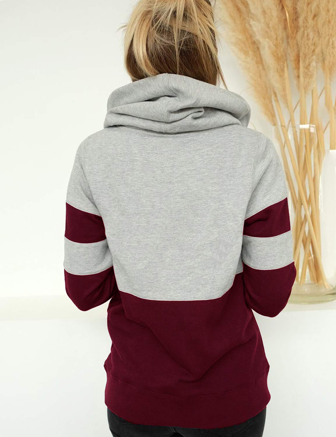 Blooming Jelly Women\'s Casual Pullover Hoodies Color Block Long Sleeve Shirt Hooded Crewneck Sweatshirts Top(M,Red)