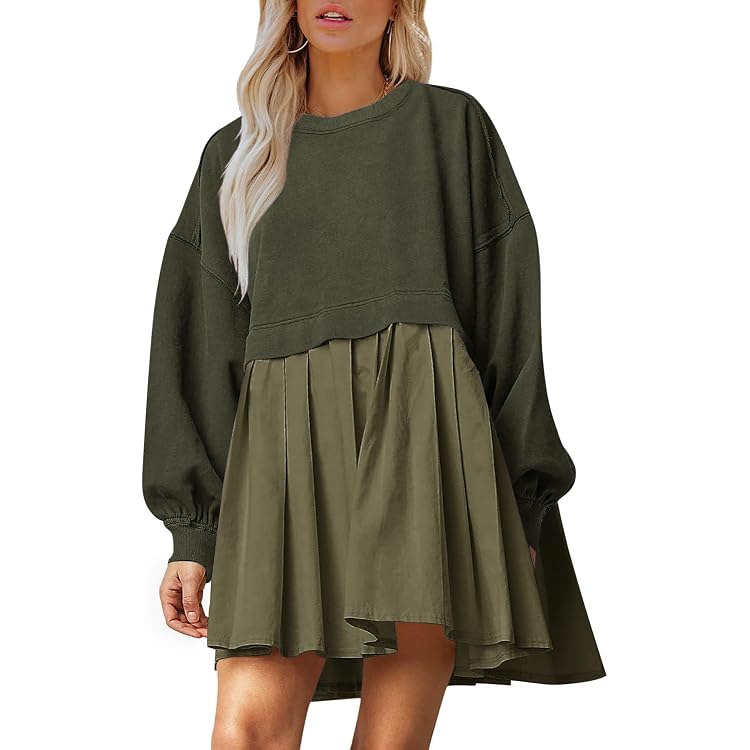 Versear Babydoll Sweatshirt Dress Plus Size Long Sleeves Pleated Ruffle Dress  Army Green at Amazon Women's Clothing store