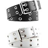 YMO Black Belt Women, White Double Grommet Leather Belt for Women Men Jeans Belts