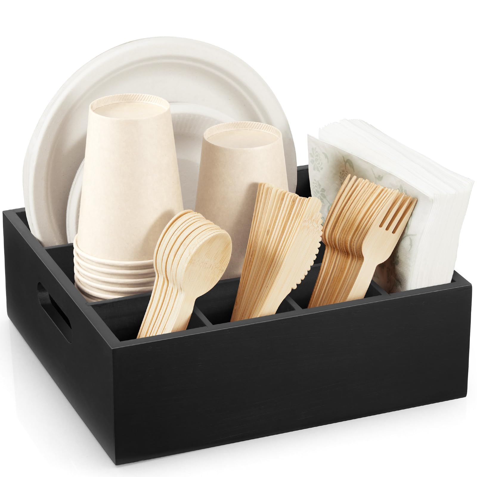 Photo 1 of GCWSTJK Wood Utensil no Holder for Party, 6-Compartment Paper Plate Organizer with Handles, Wooden Silverware Caddy for Picnic, Camping, BBQ, Buffet, and Kitchen Countertop Organization, Black