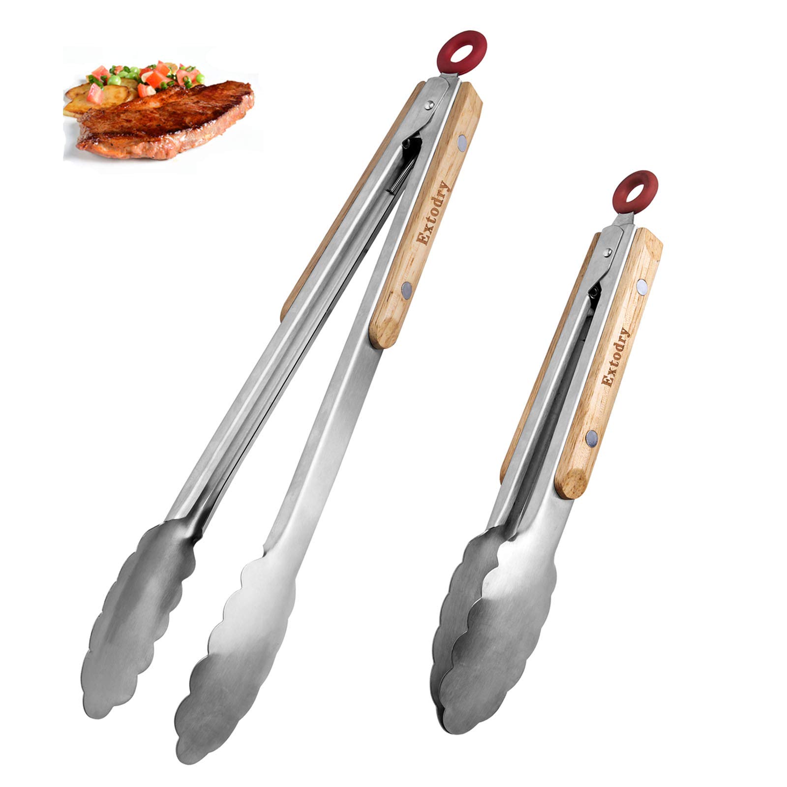 Extodry Sturdy Kitchen Tongs,2 Packs Set (9''&12'') BBQ Tongs Good Grips Cooking Tongs Stainless Steel, Food Tongs with Heat Resistant Wood Grips,Cooking Gifts for Serving Frying Salad Pasta