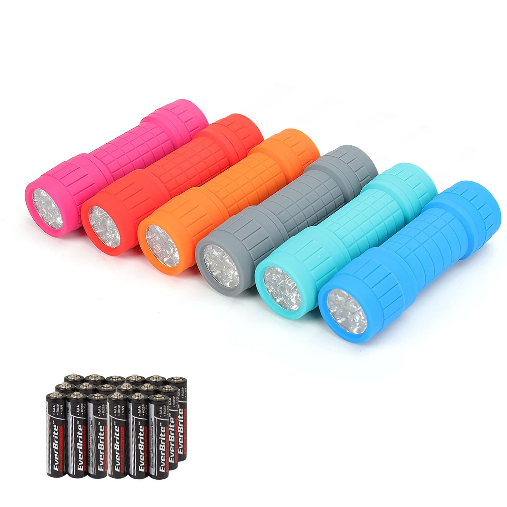 Photo 1 of EverBrite 9-LED Flashlight 6-Pack Impact Handheld Torch Assorted Colors with Lanyard 3AAA Battery Included (Hurricane Supplies, Camping, Hiking, Emergency, Hunting)