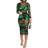 Women 3 Piece Outfits Set Sexy Mesh Sheer Ruched Dress Floral Print Long Sleeve Strap Top Skirt Club Party Midi Dress