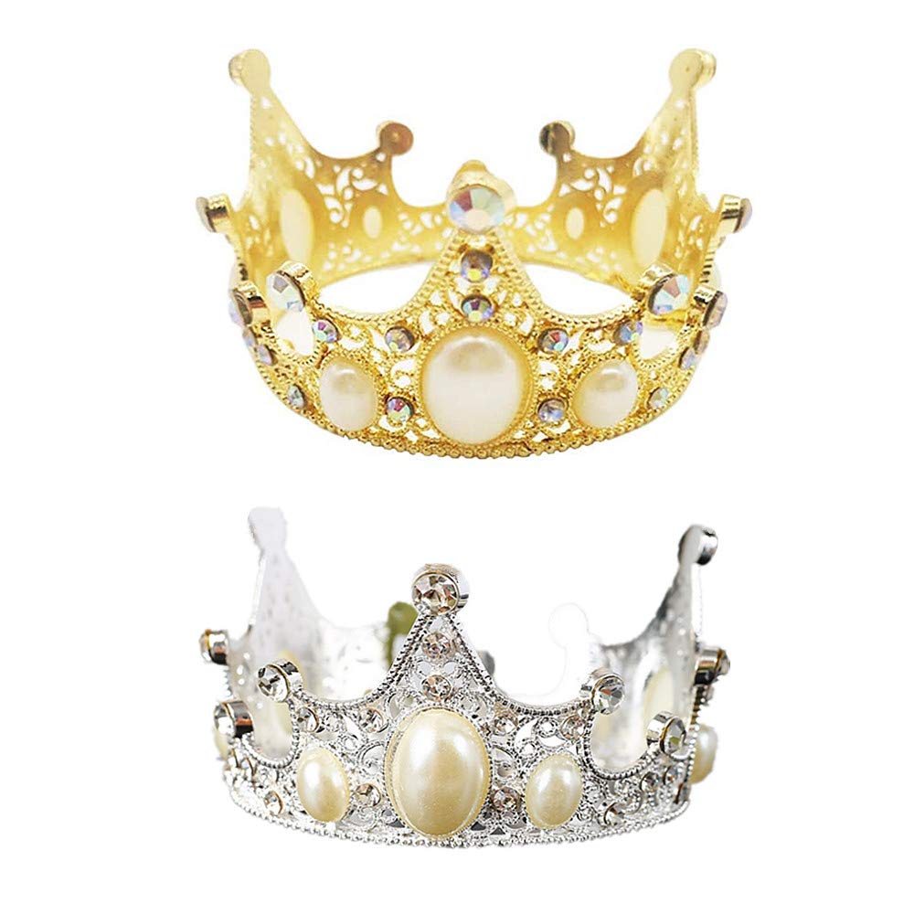 2 Pcs Small Gold Silver Crown Pearl Gemstone Crown Cake Decoration Ornament Accessory for Birthday Wedding Party Personalised Cake Topper Edible Cake Decorations Wedding Cake Toppers