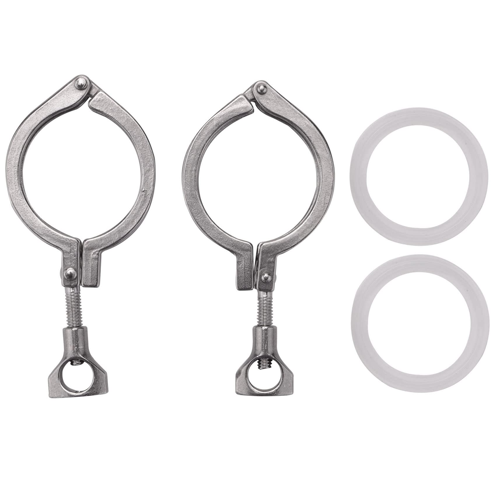 Wobekuy 330152 2Pcs Tri-Clamp Steel Single Pin Heavy Duty Tri Clamp with Wing Nut for Ferrule TC with 1 Pc Silicone Gasket (2 Inch Tri-Clamp+Silicone Gasket),White