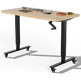 48''Adjustable Height Workbench with Wood Top, Hand Crank Lift Mechanism, Rolling Tool Work Table with Locking Casters, Heavy Duty Garage Work Bench for DIY, Woodworking and Crafts