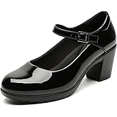 Womens Mary Jane Dress Shoes Chunky Low Block Heels 7CM Closed Toe Work Platform Pumps Dressy Orthopedic for Business Flight Wedding Office Ankle Strap Leather Casual Comfort with Arch Support
