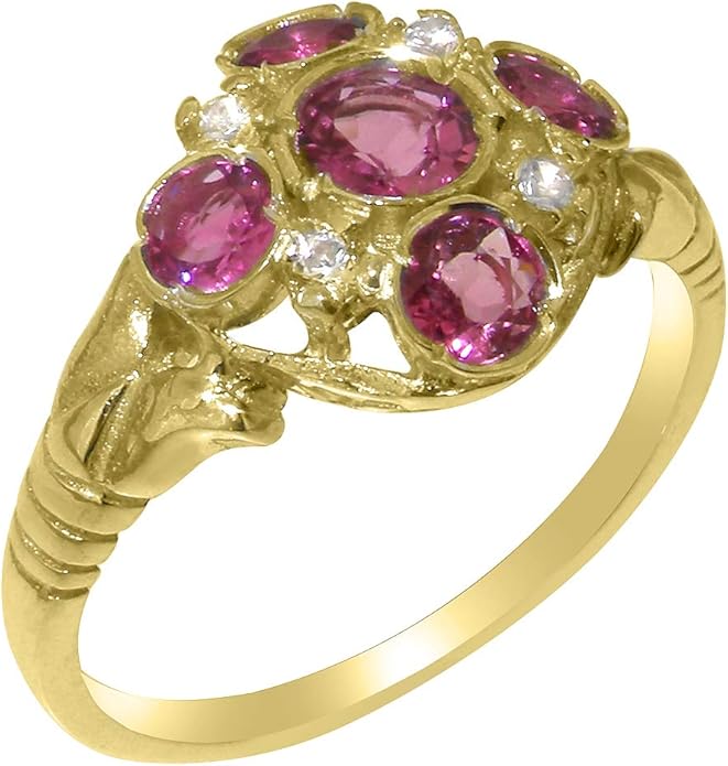Solid 14ct Yellow Gold Natural Pink Tourmaline & Diamond Womens Cluster