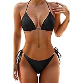 Holipick Two Piece Triangle Bikini Sets for Women String Bathing Suit Halter Top with Side Tie Bikini Bottom