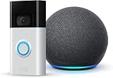 Ring Video Doorbell Satin Nickel + Echo Dot 4th Gen Charcoal Smart Speaker Alexa view 1