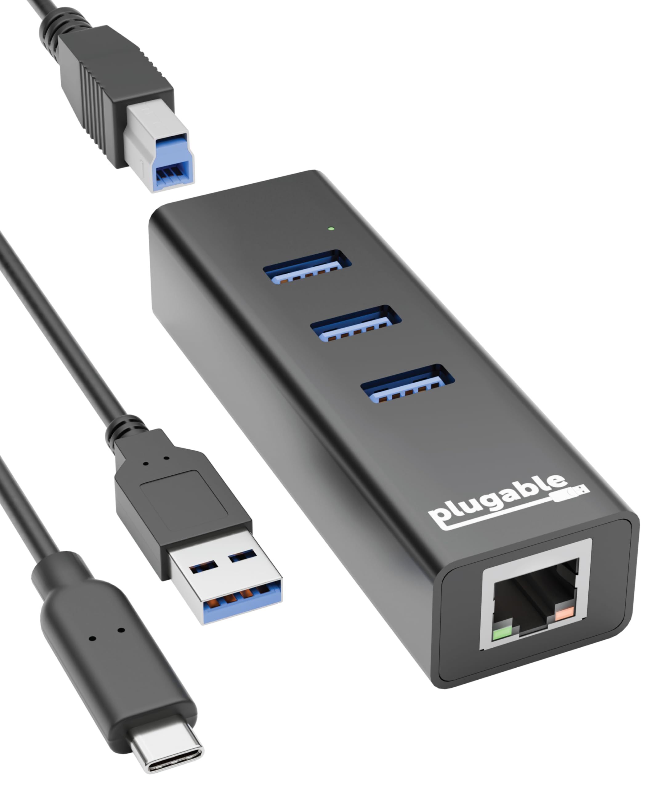 Plugable 3-Port USB 3.0 Hub with Gigabit Ethernet | Compatible with Windows, macOS, Linux, and ChromeOS | Portable USB-C/USB-A Bus-Powered RJ45 GbE LAN Adapter for Laptops, MacBooks, Chromebooks