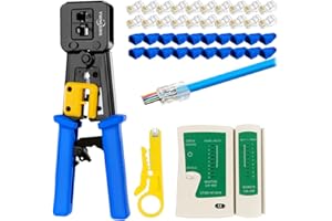 YWNEGWE RJ45 Crimp Tool Kit Pass Thru Cat5 Cat5e Cat6 RJ45 Crimping Tool with 20PCS RJ45 Cat6 Pass Through Connectors, 20PCS Covers,1 Wire Punch Down Cutter and 1 Network Cable Tester