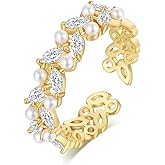 Auoy Dhof Adjustable Cubic Zirconia Pearl Finger Rings for Women Gold,Leaf Stackbale Ring.