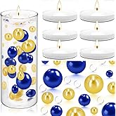 FFUW 200 Pcs Floating Pearls and 6 Pcs Floating Candles NO Hole Pearls for Vases Candles for Centerpieces Home Weddings Table Party Decor(Gold, Blue)