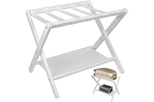 BETSEO Luggage Rack (Pack of 1) Folding Suitcase Stand with Storage Shelf, for Guest Room, Suitcase Stand, Hotel, Bedroom, Heavy-Duty, Holds up to 130 lbs, Upgraded Wood Foldable Suitcase with 5 Nylon Straps (White - Pack of 1)