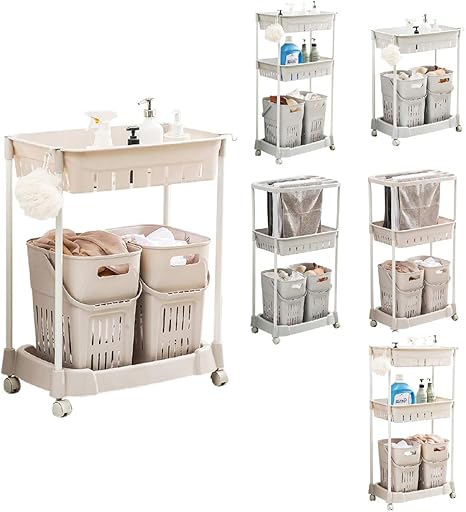 Amazon ランドリーバスケット タオル 棚 服バスケット棚 床式洗濯バスケット 床ユニバーサルホイール収納バスケット棚 浴室衣類収納 フロア型浴室収納バスケット タオルハンガーバスケット 3 重層浴室収納トロリー 3 層のためのバスルームキッチン カ キ色 2層