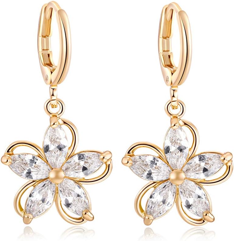 14K Gold Plated Marquise Cut CZ Flower Drop Hoop Earrings