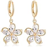 Zhang Trading 14K Gold Plated Marquise Cut CZ Flower Drop Hoop Earrings